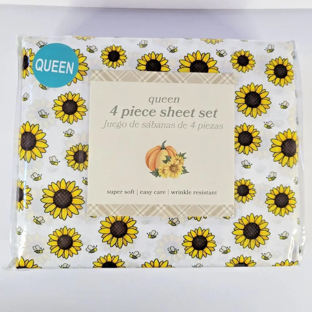 Sunflowers Honey Bees 4pc QUEEN Sheets Set Harvest Fall Sunflower Field Garden